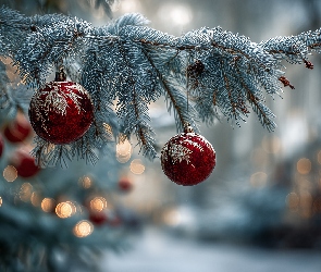 Grafika AI, Świerk, Czerwone, Boże Narodzenie, Bombki, Gałązka