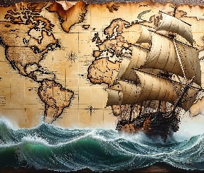 Deski, Mapa, Żaglowiec, Grafika, Morze, Fale