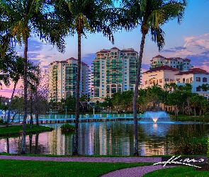 Floryda, Palmy, Stany Zjednoczone, Wieżowce, Fontanna, Palm Beach Gardens, Park, Staw