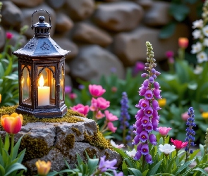 Kamienie, Świeca, Kwiaty, Ogród, Tulipany, Lampion