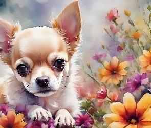 Grafika, Akwarela, Pies, Chihuahua, Szczeniak, Kwiaty