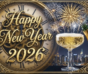 Sylwester, Butelka, Happy New Year, Fajerwerki, Kieliszek, Napis, Nowy Rok, 2026, Zegar