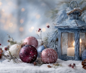Bombki, Śnieg, Świeca, Lampion, Boże Narodzenie