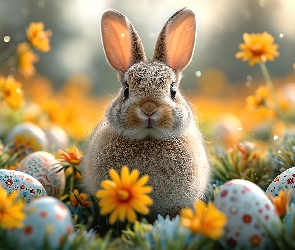Kwiaty, Żółte, Królik, Wielkanoc, Kolorowe, Pisanki