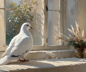 Gołąb, Grafika, Parapet, Okno, Ptak