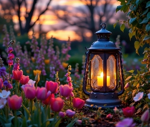 Kwiaty, Kolorowe, Świecący, Lampion