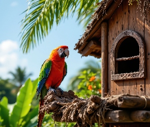 Liście, Drzewo, Papuga, Domek
