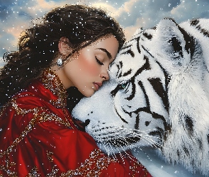 Grafika, Biały, Suknia, Dziewczyna, Czerwona, Tygrys