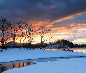 Drzewa, Park Narodowy Bandai Asahi, Zima, Lake Hibara, Fukushima, Jezioro, Japonia, Góry