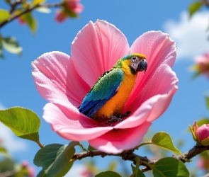 Kwiat, Różowy, Ara, Papuga, Kwitnąca, Gałązka