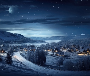 Góry, Księżyc, Grafika, Domy, Noc, Droga, Zima, Drzewa