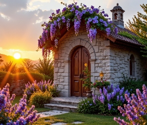 Lawenda, Glicynia, Budowla, Promienie słońca, Kwiaty, Kamienna, Dom