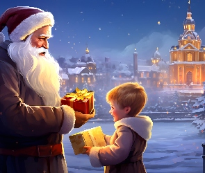 Zima, Światła, Prezenty, Śnieg, Miasto, Mikołaj, Dziecko