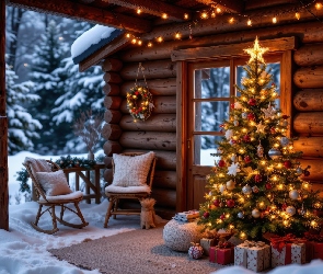 Śnieg, Boże Narodzenie, Grafika AI, Zima, Dom, Udekorowana, Prezenty, Taras, Wieniec, Krzesła, Choinka, Drzewa