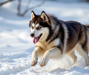 Śnieg, Siberian husky, Biegnący, Pies