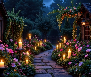 Świece, Kwiaty, Dwa, AI, Różowe, Ogród, Domy