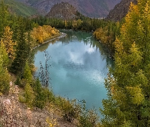 Góry, Republika Ałtaju, Jesień, Rosja, Chmury, Drzewa, Ałtaj, Rzeka, Czuja