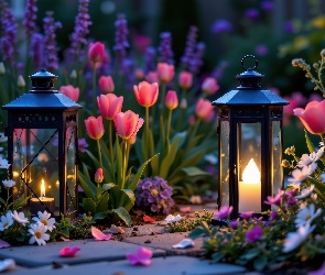 Białe, Tulipany, Świecące, Kwiaty, Różowe, Dwa, Lampiony