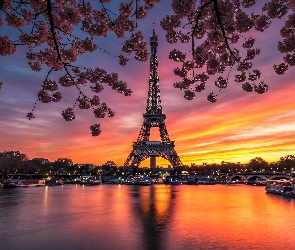 Francja, Paryż, Sekwana, Grafika AI, Zachód słońca, Rzeka, Wieża Eiffla