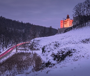 Zamek Pieskowa Skała, Drzewa, Zima, Wzgórze, Sułoszowa, Droga, Polska, Ojcowski Park Narodowy