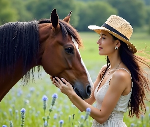 Koń, Kapelusz, Szatynka, Kobieta
