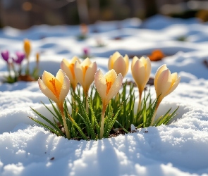 Śnieg, Krokusy, Kwiaty, Żółte