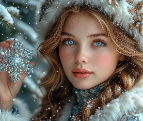 Gwiazdka, Oczy, Futrzana, Śnieg, Niebieskie, Dziewczyna, Czapka