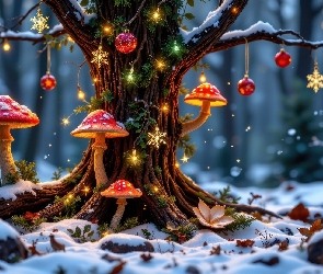 Muchomory, Grzyby, Drzewo, Boże Narodzenie, Śnieg, Grafika, Bombki