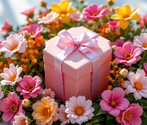 Pudełko, Prezent, Kwiaty, Kokarda, Różowe