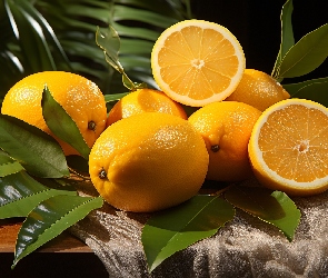 Grafika, Liście, Pomarańcze, Owoce