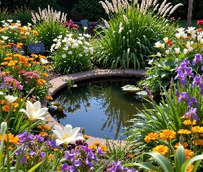 Trawy, Kwiaty, Oczko, Ozdobne, Kolorowe, Ogród, Wodne