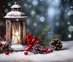 Lampion, Szyszki, Gałęzie, Świeca, Śnieg