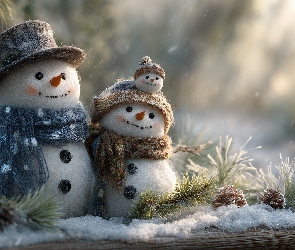 Szyszki, Gałązki, Bałwanki, Grafika AI, Szaliki, Dwa, Kapelusze