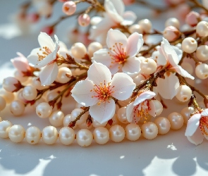 Kwiaty, Perły, Korale, Gałązka, Białe