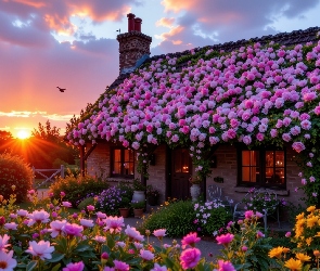 Zachód słońca, Dom, Ogródek, Kwiaty