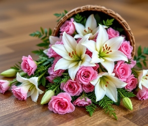 Kosz, Róże, Białe, Wiklinowy, Różowe, Kwiaty, Lilie
