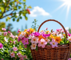 Kwiaty, Grafika AI, Słońce, Niebo, Koszyk