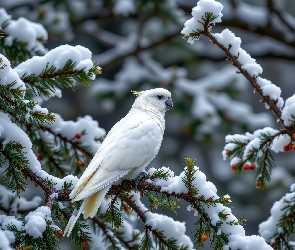Grafika AI, Zima, Papuga, Biała, Gałęzie, Śnieg
