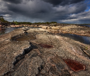 Drzewa, Chmury, Jezioro, Rosja, Ładoga, Skały