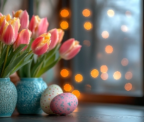 Pisanki, Kolorowe, Tulipany, Okno, Wazony, Kwiaty, Niebieskie