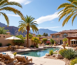 Palmy, Grafika AI, Góry, Basen, Dom