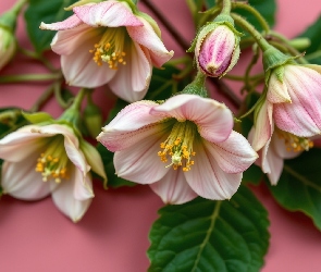 Grafika AI, Różowe tło, Kwiaty, Liście