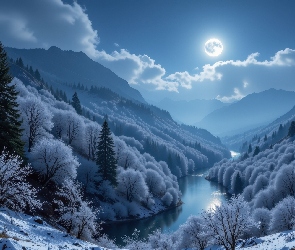 Grafika AI, Noc, Śnieg, Księżyc, Las, Góry, Oszronione, Drzewa, Zima, Rzeka