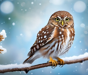 Pójdźka, Grafika, Śnieg, Gałązka, Sowa