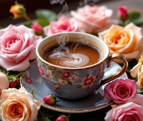 Róże, Kwiaty, Filiżanka, Kawa