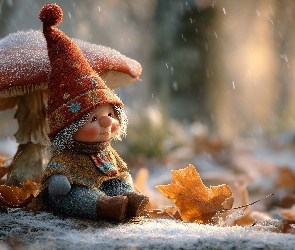 Grzyb, Grafika AI, Liście, Szron, Skrzat