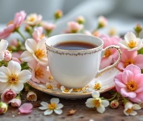 Herbata, Kwiaty, Filiżanka, Biała, Talerzyk, Różowe
