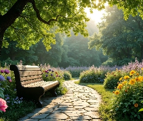 Kamienista, Ścieżka, Drzewa, Park, Kwiaty, Ławka