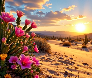 Kwiaty, Grafika AI, Zachód słońca, Pustynia, Kaktus