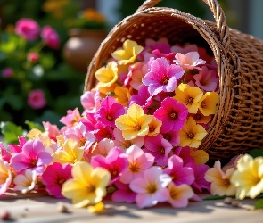 Kosz, Kwiaty, Żółte, Różowe